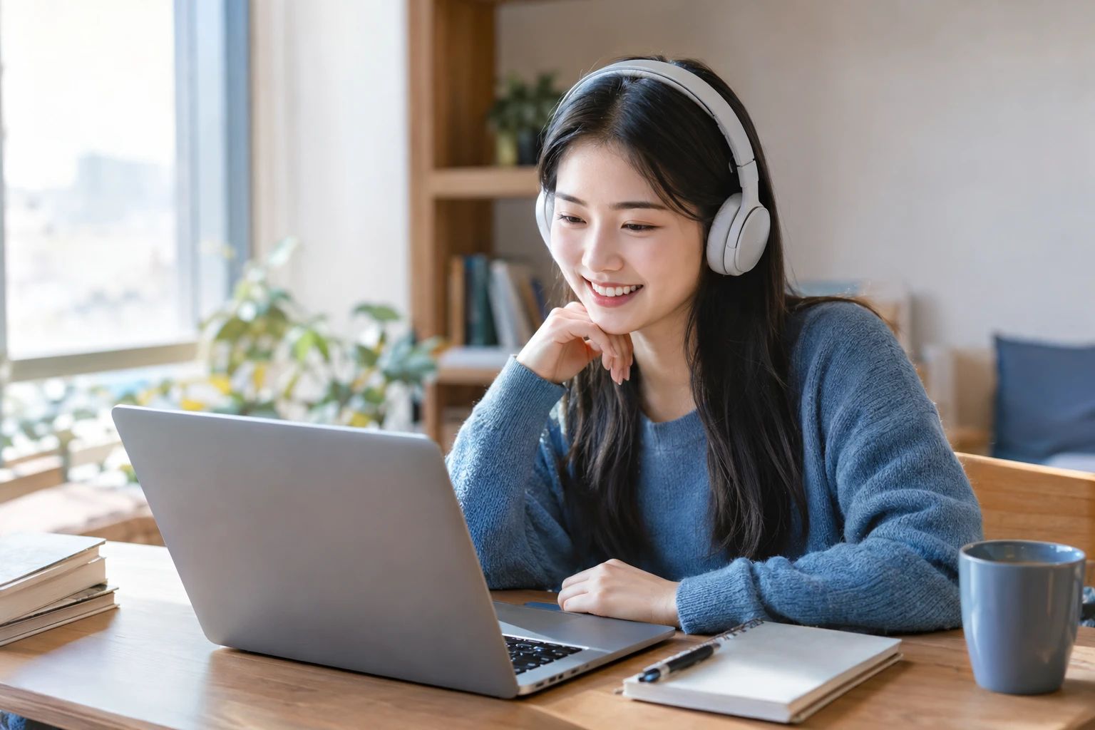 노트북과 헤드셋을 갖추고 웃고 있는 학생