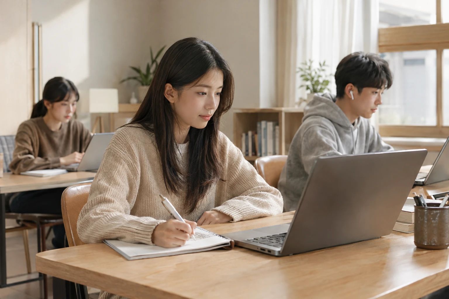 노트북으로 온라인 한국어 수업을 듣는 학생들