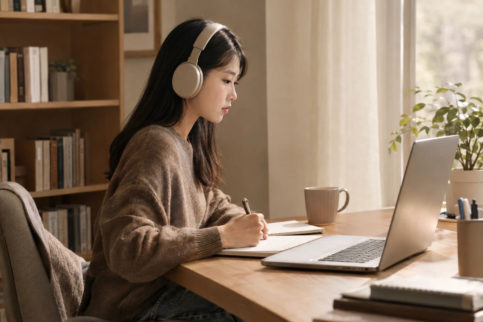 헤드셋을 쓰고 노트북으로 온라인 수업을 듣는 학생